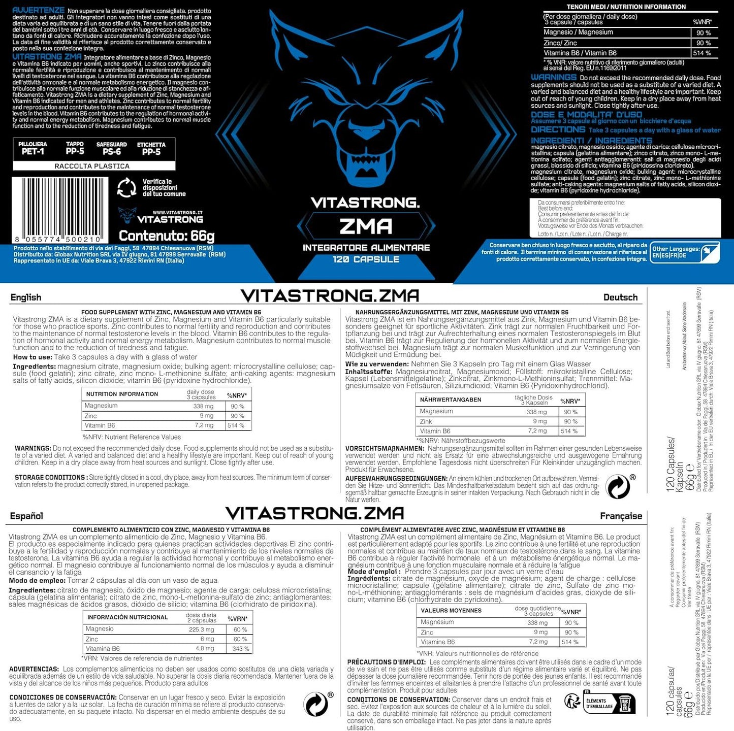 ZMA Magnesium Zinc And Vitamin B6 Vitastrong High Dose, 120 Capsules B6 Vitamin, Zinc And Magnesium Citrate,Metabolism And Fatigue Reduction, Magnesium Citrate Capsules Gluten-Free