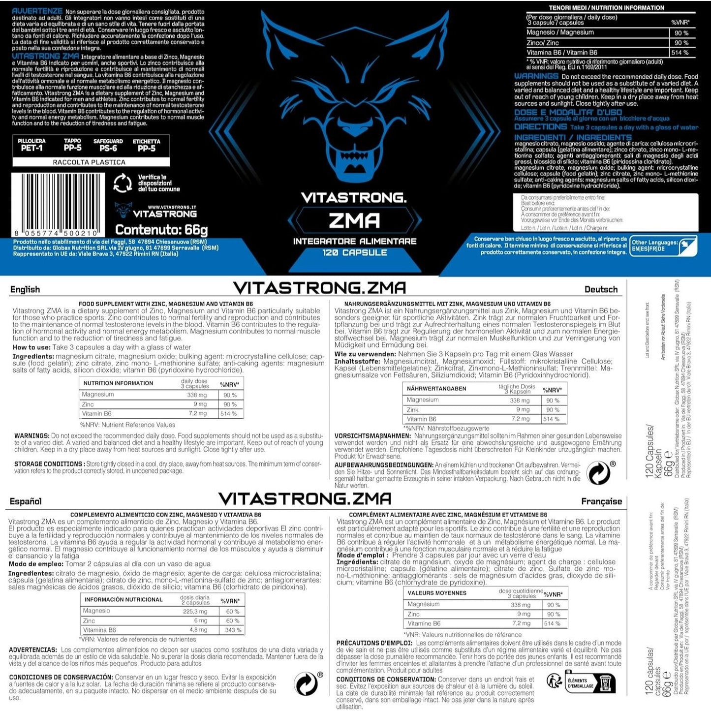 ZMA Magnesium Zinc And Vitamin B6 Vitastrong High Dose, 120 Capsules B6 Vitamin, Zinc And Magnesium Citrate,Metabolism And Fatigue Reduction, Magnesium Citrate Capsules Gluten-Free