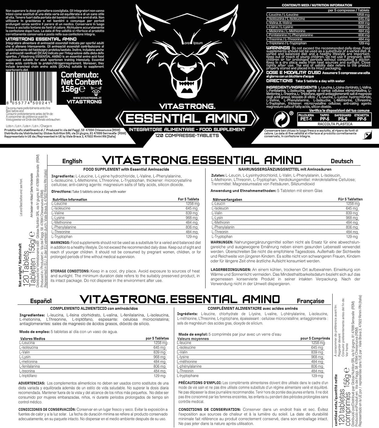 EAA Essential Amino Acids Vitastrong, 8 EAA Essential Amino Acids with Bcaas Branched Amino Acids Leucine, L Lysine, L Tryptophan, 120 Tablets for Pre Workout, Intra Workout, Post Workout