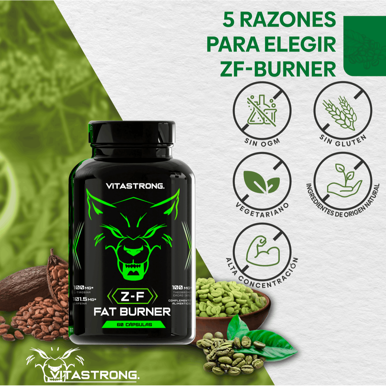 Fat Burner Z-F Vitastrong, Powerful Fat Burner for Men & Women, Thermogenic with Plant Extracts, Vitamins & Minerals, Rhodiola Rosea, Chromium Picolinate, Caffeine, Capsicum, Iodine, Pure Vitamin B3 Niacin