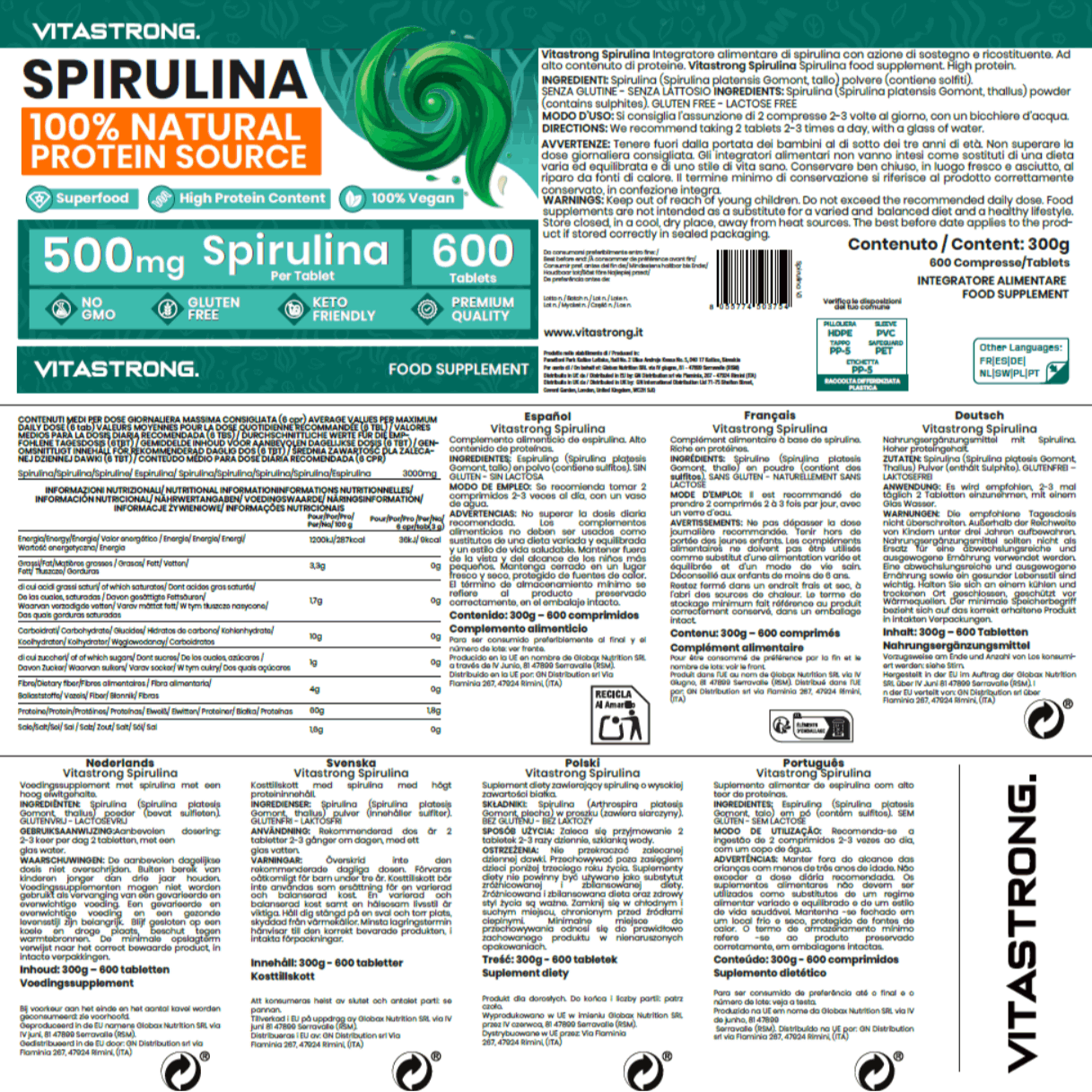 Spirulina Vitastrong Tablets, 600 Spirulina Algae Tablets