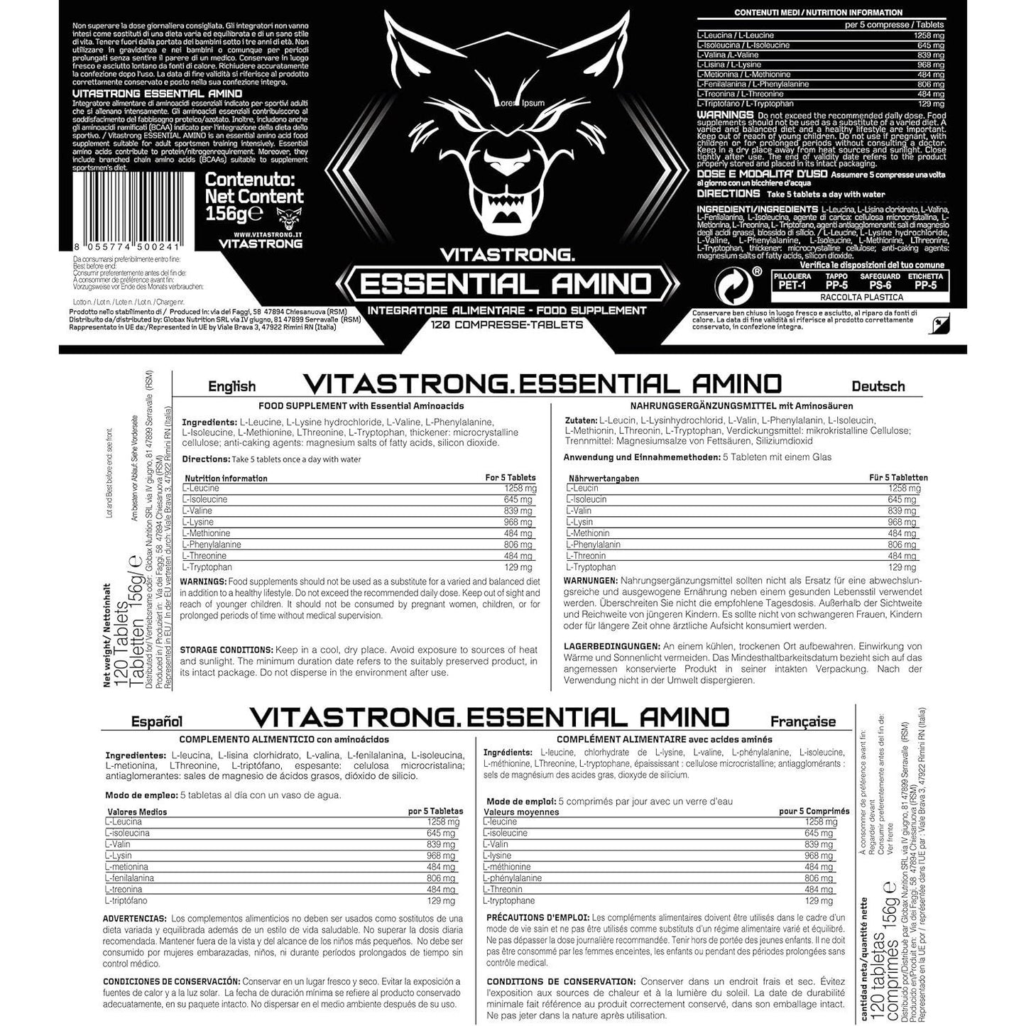 EAA Essential Amino Acids Vitastrong, 8 EAA Essential Amino Acids with Bcaas Branched Amino Acids Leucine, L Lysine, L Tryptophan, 120 Tablets for Pre Workout, Intra Workout, Post Workout
