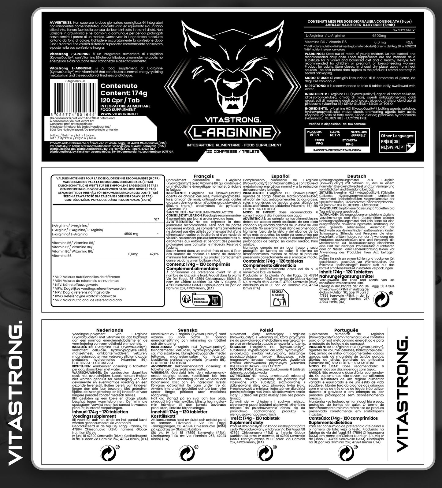 Arginine 4500mg + Vitamin B6, 120 Vegetal L-Arginine HCL Tablets with Pure L-Arginine, Kyowa Quality, Nitric Oxide Production, Non-GMO Pre-Workout, Made in Italy