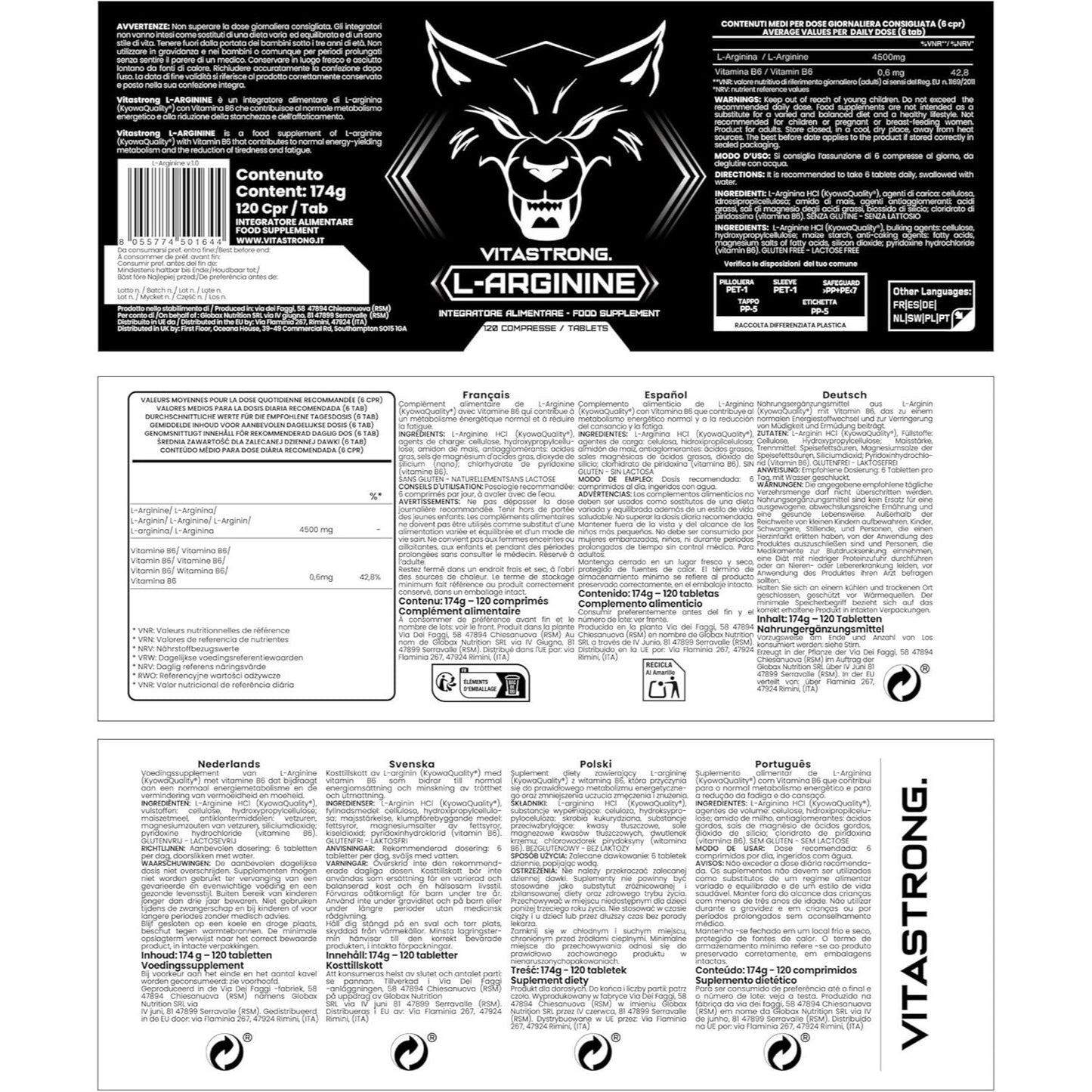 Vitasstrong L-Arginine 120 Tablets | Dietary Supplement with L-Arginine