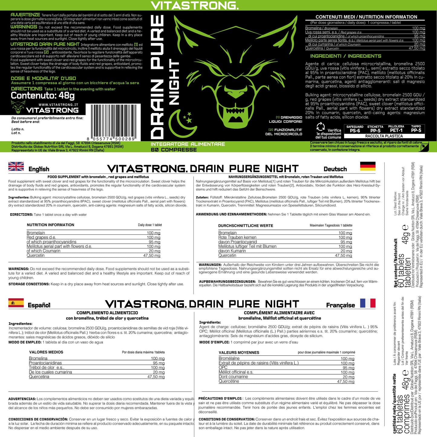 Drainpure Night Vitastrong Vegan Forte Drain, Leg And Body Drainage Supplement Made in Italy with Premium Quality Ingredients, Bromelain, Red Grape, Melilot, Quercetin, Eliminates Toxins And Fluids