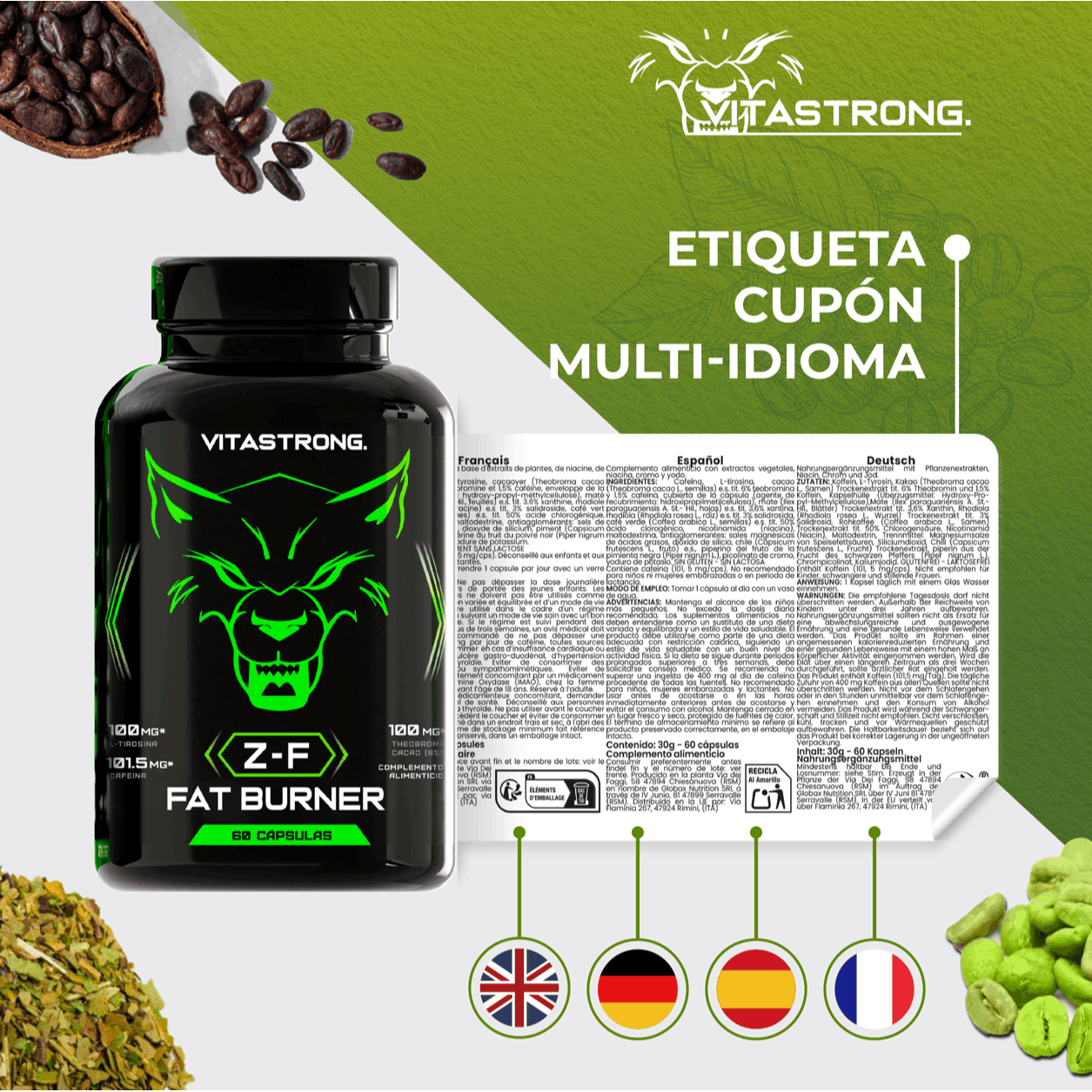 Fat Burner Z-F Vitastrong, Powerful Fat Burner for Men & Women, Thermogenic with Plant Extracts, Vitamins & Minerals, Rhodiola Rosea, Chromium Picolinate, Caffeine, Capsicum, Iodine, Pure Vitamin B3 Niacin