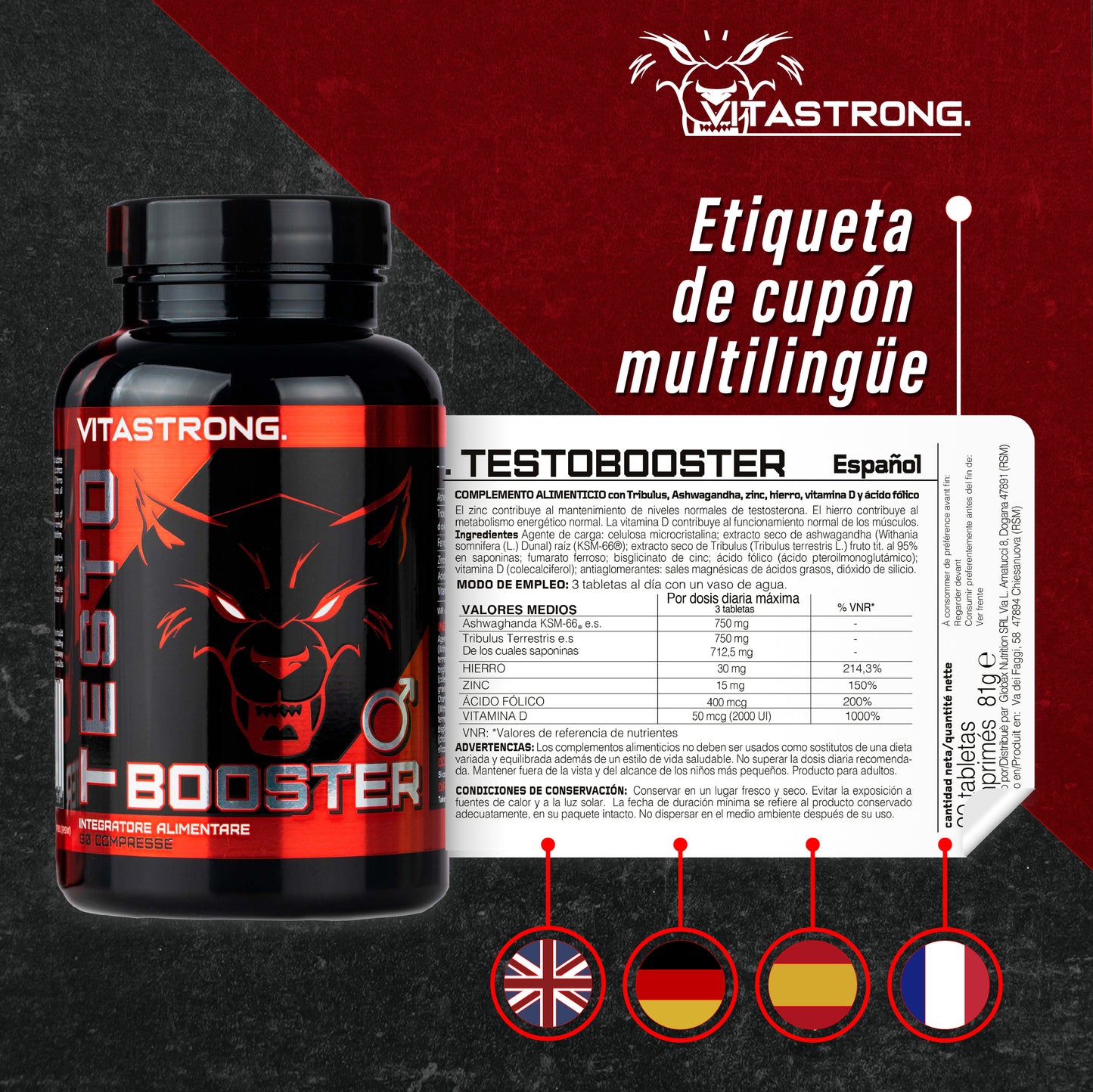 Vitastrong Testobooster with Tribulus Terrestris, Ashwagandha KSM-66, Zinc Bisglycinate, Vitamin D3, Iron, and – 90 Vegan Testosterone Boosting for Normal Muscle Function