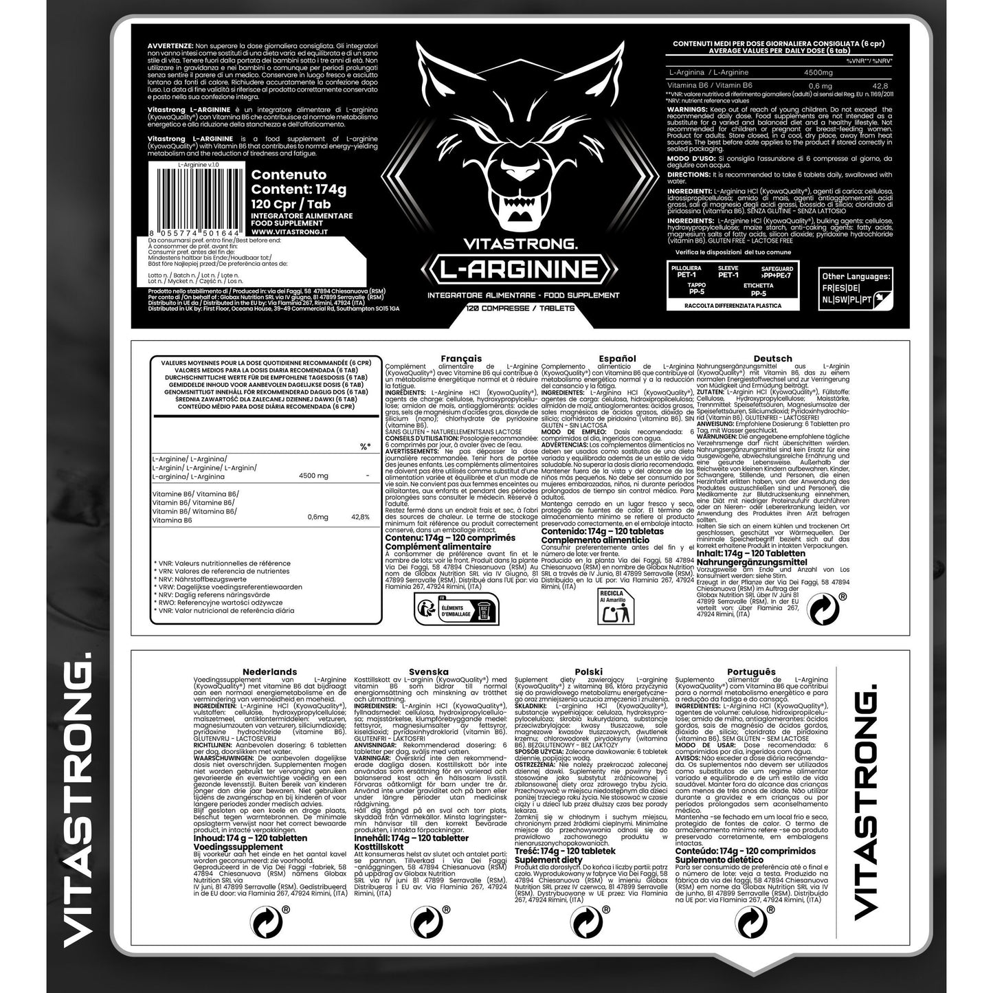 Arginine 4500mg + Vitamin B6, 120 Vegetal L-Arginine HCL Tablets with Pure L-Arginine, Kyowa Quality, Nitric Oxide Production, Non-GMO Pre-Workout, Made in Italy
