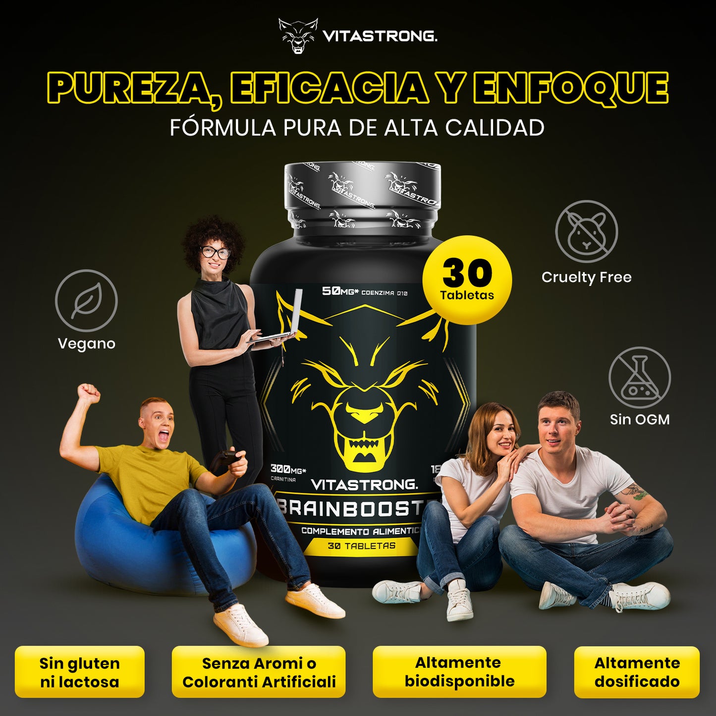 Nootropic Brainbooster with Pantothenic Acid for Mental Performance, Nootropics Memory And Concentration Vitamin B Complex, Folic Acid, Pure Biotin, L-Carnitine, Coenzyme Q10, Vitamin B12