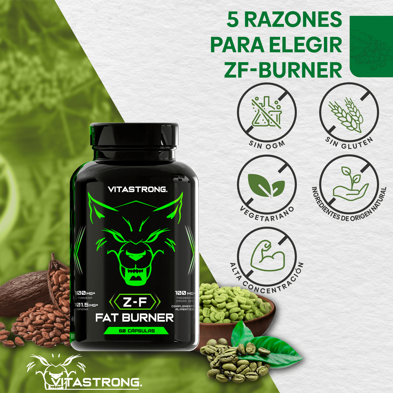 Fat Burner Z-F Vitastrong, Powerful Fat Burner for Men & Women, Thermogenic with Plant Extracts, Vitamins & Minerals, Rhodiola Rosea, Chromium Picolinate, Caffeine, Capsicum, Iodine, Pure Vitamin B3 Niacin