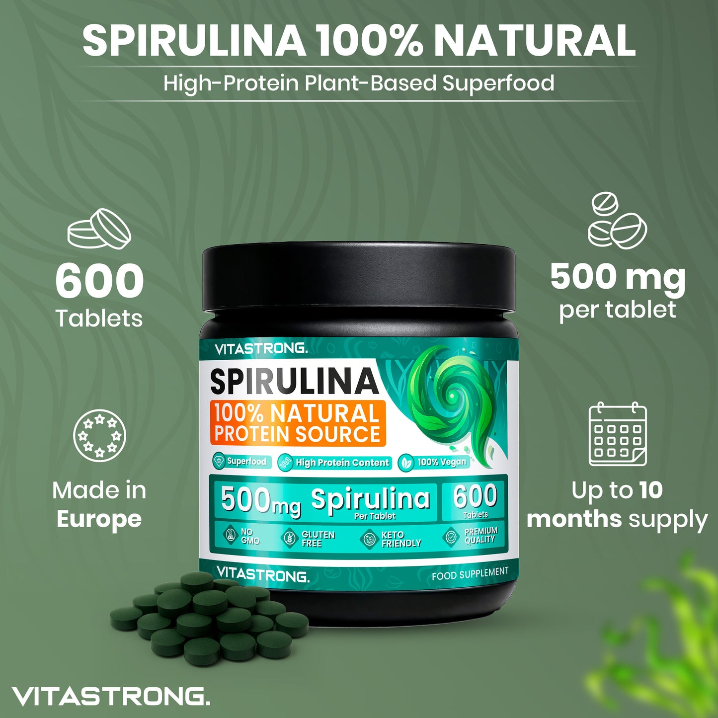 Spirulina Vitastrong Tablets, 600 Spirulina Algae Tablets