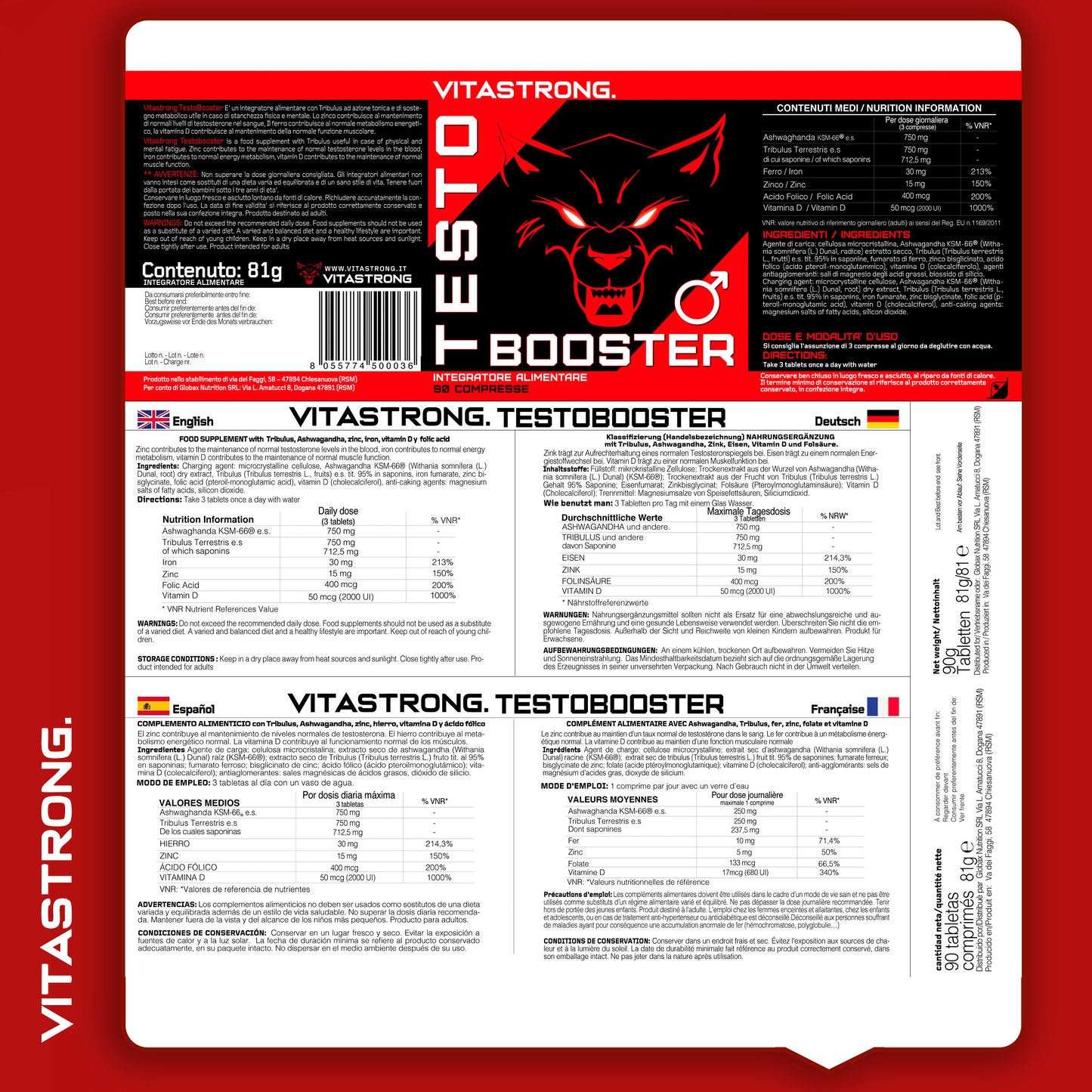 Vitastrong Testobooster with Tribulus Terrestris, Ashwagandha KSM-66, Zinc Bisglycinate, Vitamin D3, Iron, and – 90 Vegan Testosterone Boosting for Normal Muscle Function