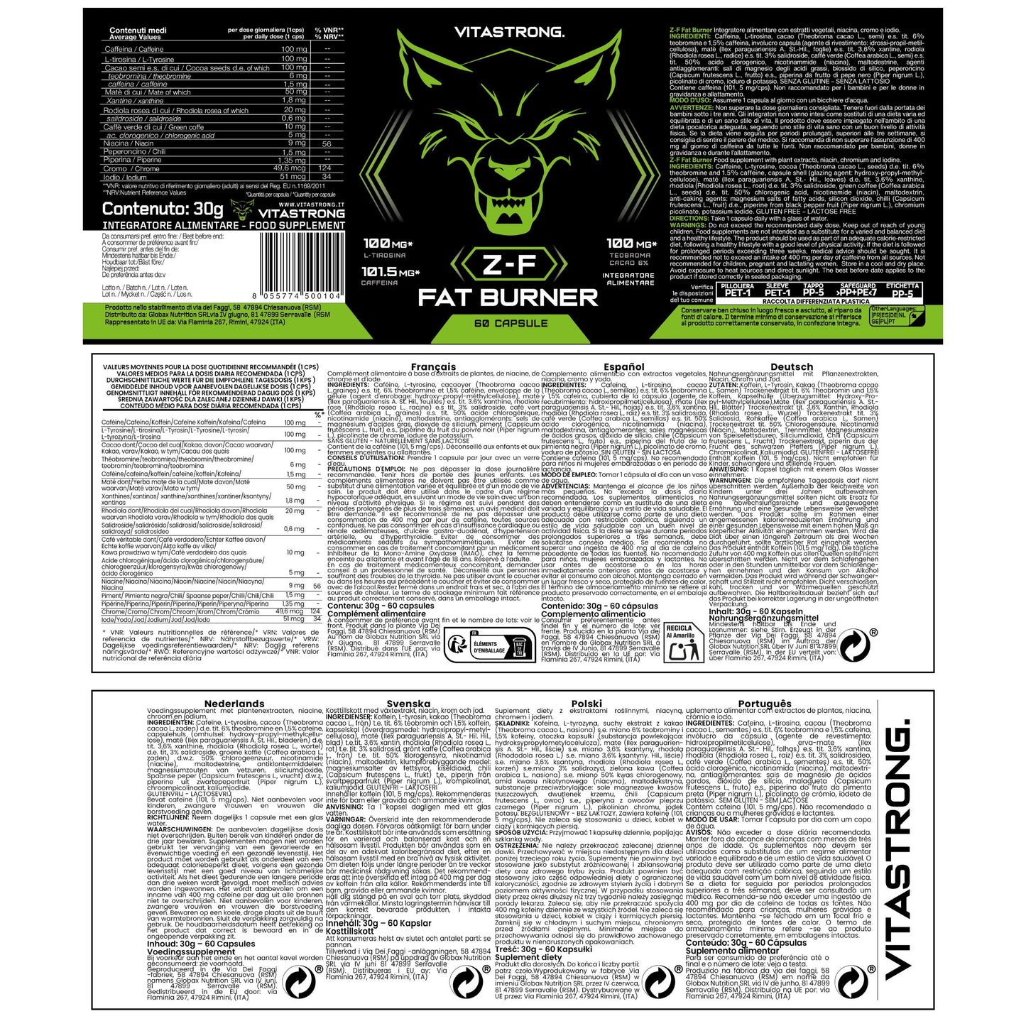 Fat Burner Z-F Vitastrong, Powerful Fat Burner for Men & Women, Thermogenic with Plant Extracts, Vitamins & Minerals, Rhodiola Rosea, Chromium Picolinate, Caffeine, Capsicum, Iodine, Pure Vitamin B3 Niacin