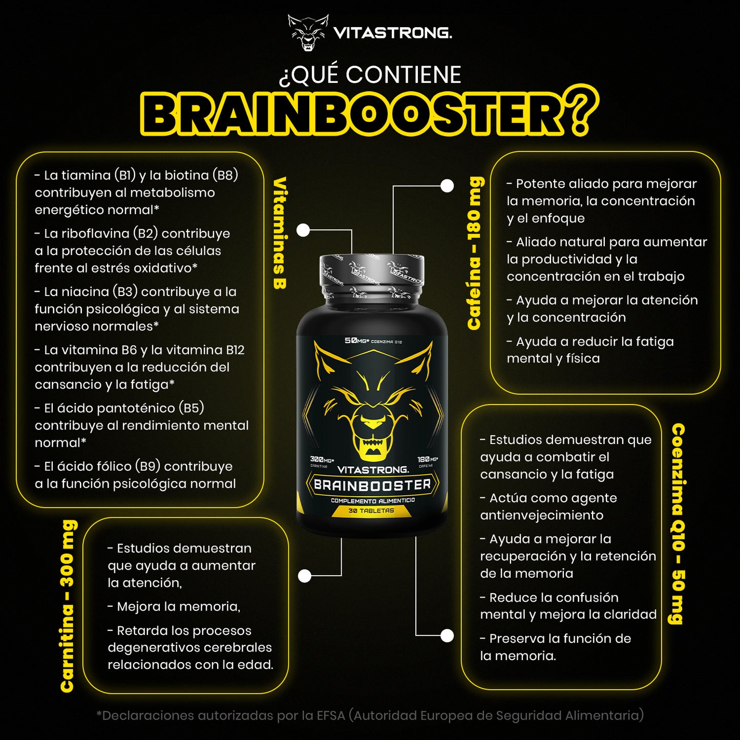 Nootropic Brainbooster with Pantothenic Acid for Mental Performance, Nootropics Memory And Concentration Vitamin B Complex, Folic Acid, Pure Biotin, L-Carnitine, Coenzyme Q10, Vitamin B12